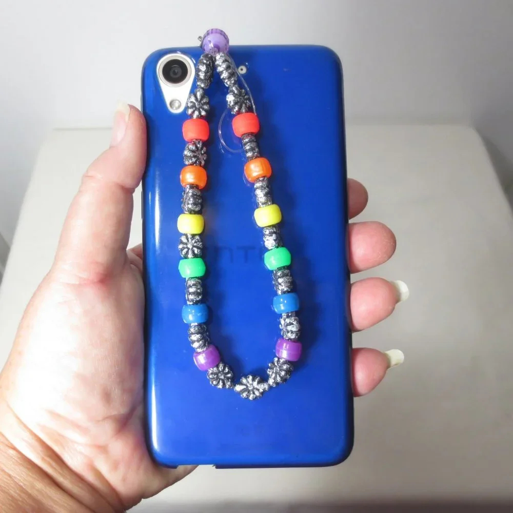 Handmade Stretch Bracelet Rainbow & Silver Beaded Phone Charm Accessory Lanyard